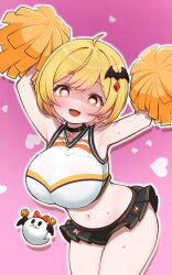 Rule 34 | 1girl, ahoge, armpits, arms up, bat hair ornament, black skirt, blonde hair, blush, breasts, cheerleader, choker, commentary request, cowboy shot, earrings, fang, hair ornament, heart, heart-shaped pupils, heart background, highres, hololive, jewelry, kani bonara, large breasts, looking at viewer, microskirt, navel, obake-chan (yozora mel), pink background, pleated skirt, pom pom (cheerleading), shaded face, short hair, skirt, solo, star (symbol), star choker, star earrings, stomach, symbol-shaped pupils, virtual youtuber, yellow eyes, yozora mel