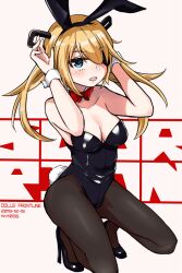 Rule 34 | 1girl, alternate costume, animal ears, arms up, bare shoulders, black footwear, black leotard, black pantyhose, blonde hair, blue eyes, blush, bow, bowtie, breasts, character name, cleavage, collar, collarbone, copyright name, dated, detached collar, eyepatch, fake animal ears, female focus, full body, girls&#039; frontline, grey background, high heels, leotard, long hair, looking at viewer, medium breasts, niceratus kiotensis, open mouth, pantyhose, petite, playboy bunny, rabbit ears, rabbit pose, red bow, red bowtie, simple background, skorpion (girls&#039; frontline), smile, solo, squatting, strapless, strapless leotard, twintails, white collar, white wrist cuffs, wrist cuffs
