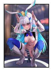 Rule 34 | 1girl, animal, animal ears, animal on head, armband, ass, bar censor, bird, bird on head, blue bow, blue bowtie, blue hair, blunt bangs, blurry, blurry background, blush, boots, bow, bowtie, breasts, censored, clenched teeth, colored inner hair, cross-laced footwear, daishippai, depth of field, dildo, embarrassed, fake animal ears, full body, gluteal fold, hair ornament, highres, humiliation, knee boots, lize helesta, long hair, long sleeves, looking down, lotion, medium breasts, meme attire, multicolored hair, navel, nijisanji, nipples, no bra, no panties, on head, paid reward available, purple eyes, rabbit ears, rabbit pose, reverse bunnysuit, reverse outfit, safety pin, sagging breasts, sex toy, sidelocks, solo, spread legs, squatting, stomach, sweat, teeth, thighhighs, two-tone hair, very long hair, virtual youtuber, white footwear, white hair