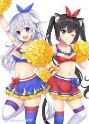 Rule 34 | 2girls, :d, ;o, animal ears, arm up, asymmetrical legwear, bad id, bad twitter id, black hair, blue bow, blue eyes, blue ribbon, blue skirt, blue thighhighs, bow, breasts, cat ears, cat tail, cheerleader, cleavage, clothes writing, collarbone, crop top, dog ears, english text, frilled skirt, frills, green eyes, grey hair, hair ribbon, hairband, half updo, hand on own hip, highres, kuu-chan (sakurai makoto (custom size)), long hair, medium breasts, midriff, miniskirt, mismatched legwear, multiple girls, navel, one eye closed, open mouth, original, pleated skirt, pom pom (cheerleading), red bow, red ribbon, red skirt, ribbon, sakurai makoto (custom size), shii-chan (sakurai makoto (custom size)), sidelocks, simple background, skirt, small breasts, smile, standing, standing on one leg, sweatband, tail, thighhighs, twintails, twitter username, very long hair, white background, white legwear, wristband