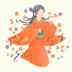 Rule 34 | 1girl, :d, bad drawr id, bad id, black hair, character request, copyright request, flower, full body, grey eyes, happy, japanese clothes, jumping, kimono, long hair, long sleeves, looking at viewer, obi, oekaki, open mouth, orange kimono, purple flower, red flower, red kimono, ruq237, sandals, sash, simple background, smile, solo, tabi, teeth, upper teeth only, wide sleeves