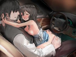 Rule 34 | 1boy, 1girl, age difference, arms around neck, ass, ass grab, black hair, blush, breast press, breasts, car, car interior, closed eyes, clothed sex, clothes lift, clothes pull, copyright request, darumasan koronda, dress, dress lift, dress pull, hetero, highres, hug, long hair, motor vehicle, nipples, open mouth, petite, saliva, sex, sitting, sitting on lap, sitting on person, sketch, straddling, upright straddle, vaginal
