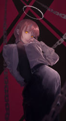 Rule 34 | 1girl, absurdres, arm behind back, ass, belt, black necktie, black pants, braid, braided ponytail, breasts, brown hair, business suit, chain, chainsaw man, collared shirt, formal, halo, hand on own chin, highres, hip focus, light smile, long hair, long sleeves, makima (chainsaw man), maronmokaet, medium breasts, multicolored background, necktie, pants, ringed eyes, shirt, shirt tucked in, smile, solo, suit, white shirt, yellow eyes