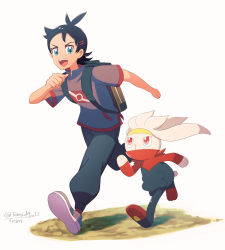 Rule 34 | 1boy, absurdres, backpack, bag, black hair, blue eyes, clenched hands, creatures (company), dark skin, game freak, gen 8 pokemon, goh (pokemon), height difference, highres, looking at another, nintendo, open mouth, pokemon, pokemon (anime), pokemon journeys, raboot, running, short hair, short sleeves, teeth, tem (mimoteurur013), twitter username, upper teeth only, white background