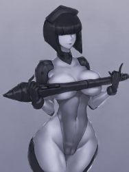 Rule 34 | 1girl, armor, black hair, black sclera, blunt bangs, bob cut, breastless bodysuit, breastless clothes, breastless leotard, breasts, cameltoe, colored sclera, convenient censoring, covering privates, covering breasts, cowboy shot, curvy, fumio (rsqkr), gloves, grey background, greyscale, groin, highleg, highleg leotard, highres, large breasts, leotard, linea alba, looking at viewer, mole, monochrome, narrow waist, navel, no bra, one eye covered, pauldrons, personification, short hair, shoulder armor, simple background, smile, solo, stylus, thighs, wacom, wide hips