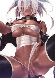 Rule 34 | 10s, 1girl, abs, angry, bandages, black thighhighs, blonde hair, breasts, budget sarashi, clenched teeth, dark-skinned female, dark skin, fingerless gloves, glasses, gloves, headgear, highres, kantai collection, large breasts, looking at viewer, musashi (kancolle), musashi kai (kancolle), nipple slip, nipples, no panties, non-web source, pointy hair, pussy juice, red eyes, sarashi, semi-rimless eyewear, solo, teeth, thighhighs, toned, wa (genryusui), wedgie