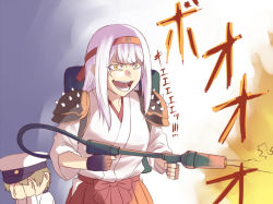 Rule 34 | 10s, 1boy, 1girl, admiral (kancolle), covering face, covering own eyes, fire, flamethrower, gesugao, ishii hisao, kantai collection, laughing, little boy admiral (kancolle), out of character, shoukaku (kancolle), shoulder spikes, spikes, weapon