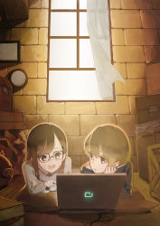 Rule 34 | 2girls, :d, :o, absurdres, black-framed eyewear, blonde hair, book, book stack, box, brown eyes, brown hair, cable, computer, crate, curtains, doremi, glasses, hair ornament, hairclip, head rest, highres, indoors, laptop, long hair, long sleeves, lying, multiple girls, on stomach, open mouth, original, parted lips, pectorals, piggy bank, short hair, smile, sweater, window
