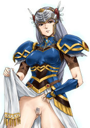 Rule 34 | 1girl, armor, armored dress, bad id, bad pixiv id, blue armor, censored, clothes lift, female pubic hair, grey hair, gus (clarkii), helmet, lenneth valkyrie, long hair, pubic hair, pussy, shoulder pads, skirt, skirt lift, solo, valkyrie profile (series), white background