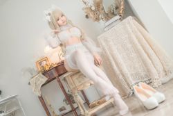 Rule 34 | 1girl, asian, black eyes, blonde hair, bow, bracer, breasts, chinese (nationality), chunmomo0127, cleavage, cosplay, feet, frills, hair bow, hair ribbon, high heels, highres, indoors, lace, legs, long hair, looking at viewer, medium breasts, midriff, photo (medium), ribbon, sitting, solo, tagme, thighhighs, thighs, transparent, white bow
