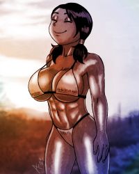 Rule 34 | 1girl, aaronhibiki, abs, arung samudra (cessa), bikini, black hair, borrowed character, breasts, cleavage, closed eyes, dark-skinned female, dark skin, highres, large breasts, muscular, muscular female, navel, ombok diving and delivery services, shiny skin, short twintails, smile, solo, standing, strap gap, sunset, swimsuit, thong, thong bikini, twintails