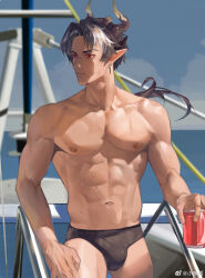 Rule 34 | 1boy, abs, absurdres, alternate costume, arknights, bara, black hair, black male swimwear, boat, brown hair, bulge, chong yue (arknights), dragon boy, dragon horns, dragon tail, highres, horns, large pectorals, long hair, looking to the side, male focus, male swimwear, miyuame (myame0719), multicolored hair, muscular, muscular male, navel, nipples, ocean, pectorals, pointy ears, red eyes, solo, stomach, streaked hair, tail, thick eyebrows, topless male, watercraft
