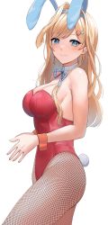 Rule 34 | 1girl, absurdres, animal ears, armpits, blonde hair, blue eyes, breasts, cowboy shot, detached collar, dobure18, earrings, fishnet pantyhose, fishnets, hair ornament, hairclip, highres, jewelry, layla alstroemeria, leotard, long hair, medium breasts, nijisanji, nijisanji id, pantyhose, playboy bunny, rabbit ears, rabbit tail, red leotard, simple background, smile, solo, tail, virtual youtuber, white background, wrist cuffs