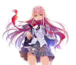 Rule 34 | 10s, 1girl, bag, closed mouth, darling in the franxx, green eyes, grey skirt, highres, horns, long hair, necktie, pink hair, plaid, plaid skirt, red scarf, scarf, simple background, skirt, solo, standing, striped necktie, striped neckwear, tel-o, white background