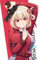 Rule 34 | 1girl, absurdres, arm up, belt, blonde hair, blue ribbon, breasts, copyright name, dress, grey dress, grin, gun, hair ribbon, handgun, highres, holding, holding gun, holding weapon, ivan wang, large breasts, looking at viewer, lycoris recoil, neck ribbon, nishikigi chisato, one side up, pleated dress, red belt, red dress, red eyes, red ribbon, ribbon, short hair, smile, solo, upper body, v over mouth, weapon