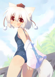 Rule 34 | 1girl, animal ears, detached sleeves, female focus, hat, highres, inubashiri momiji, looking back, nature, one-piece swimsuit, outdoors, red eyes, school swimsuit, short hair, silver hair, sky, solo, swimsuit, tail, toba hiyoko, tokin hat, touhou, wolf ears, wolf tail