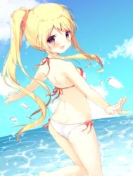 Rule 34 | 1girl, :d, ass, bare arms, bare shoulders, bikini, bikini day, blonde hair, blue sky, blush, breasts, brown eyes, butt crack, cloud, commentary request, day, hair ornament, hair scrunchie, hairclip, horizon, kin-iro mosaic, kujou karen, long hair, looking at viewer, looking back, medium breasts, ocean, open mouth, outdoors, ponytail, red scrunchie, scrunchie, shiratama (shiratamaco), sidelocks, sky, smile, solo, standing, standing on one leg, swimsuit, very long hair, water, white bikini, x hair ornament