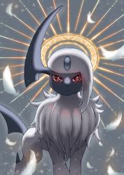 Rule 34 | absol, animal focus, backlighting, bright pupils, closed mouth, creatures (company), expressionless, feathers, fluffy, game freak, gen 3 pokemon, glowing, glowing eyes, grey background, halo, highres, looking at viewer, nekomimi (nekomimi360), nintendo, no humans, pokemon, pokemon (creature), red eyes, short hair, sidelocks, solo, standing, straight-on, white feathers, white hair, white pupils