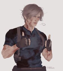 Rule 34 | 1boy, arms up, artist name, blonde hair, blood, blood on face, blood on neck, blue eyes, blue shirt, brown gloves, closed mouth, collared shirt, double thumbs up, fingerless gloves, gloves, hair over one eye, highres, holster, leon s. kennedy, looking at viewer, male focus, pants, parted bangs, puff of air, resident evil, resident evil 4, shirt, shoulder holster, signature, simple background, solo, thumbs up, twitter username, upper body, white background, wr0wn