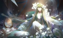 Rule 34 | 1boy, absurdly long hair, androgynous, bird, bride, closed mouth, collarbone, crossdressing, dress, enkidu (fate), fate/strange fake, fate (series), flow, flower, green eyes, green hair, hair flower, hair ornament, highres, knee up, light, light particles, long hair, looking at viewer, male bride, male focus, mirror, peacock, robe, sitting, smile, solo, straight hair, sunlight, tebd menkin, trap, veil, very long hair, white dress, white flower