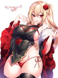 Rule 34 | 1girl, :p, bare shoulders, black dress, black thighhighs, blonde hair, breasts, china dress, chinese clothes, cleavage, commission, covered navel, cowboy shot, detached sleeves, dress, flower, hair flower, hair ornament, highres, large breasts, long hair, panties, pelvic curtain, phantasy star, phantasy star online 2, pointy ears, red eyes, red panties, second-party source, short dress, side-tie panties, sidelocks, simple background, skeb commission, smile, solo, string panties, thighhighs, tongue, tongue out, tsurime, two side up, underwear, white background, wide sleeves, yutazou