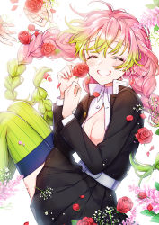 Rule 34 | 1girl, ^ ^, belt, black jacket, black skirt, blush, braid, breasts, center opening, cleavage, closed eyes, collared shirt, facing to the side, facing viewer, feet out of frame, floating hair, flower, food, gradient hair, green hair, hands up, happy, highres, holding, holding food, jacket, kanroji mitsuri, kimetsu no yaiba, knees up, laughing, long hair, long sleeves, mole, mole under eye, multicolored hair, multiple braids, out of frame, partially unbuttoned, petals, pink flower, pink hair, pleated skirt, red flower, red rose, rose, shinishi chiho, shirt, sitting, skirt, skirt set, smile, solo focus, thighhighs, tri braids, two-tone hair, white background, white footwear, white shirt