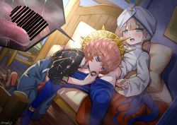 Rule 34 | 1boy, 1girl, blue eyes, blue hair, blue overalls, blue pants, blush, braid, breasts, captain nemo (fate), censored, clothes pull, cross-section, crown braid, fate/grand order, fate (series), fellatio, gradient hair, green eyes, hat, hat feather, hetero, jacket, kneeling, light brown hair, long hair, long sleeves, multicolored hair, nemo (fate), open mouth, oral, orange hair, overall shorts, overalls, pants, pants pull, puffy sleeves, sekai saisoku no panda, side braid, sitting, small breasts, straw hat, testicles, thighs, tight clothes, tight pants, tongue, turban, two-tone hair, van gogh (fate), white headwear, white jacket, yellow headwear