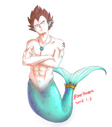 Rule 34 | 1boy, abs, artist name, blue queen (chana0), brown hair, crossed arms, crown, dated, dragon ball, dragon ball z, dragonball z, fins, frown, full body, highres, jewelry, male focus, merman, monster boy, muscular, necklace, pendant, signature, solo, tattoo, vegeta