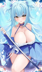 Rule 34 | 1girl, absurdres, azur lane, bare shoulders, blue dress, blue hair, blue ribbon, blurry, blurry background, breasts, bridal gauntlets, bubble, cleavage, clownfish, collarbone, commission, coral, cowboy shot, dress, earrings, elegant (sumisumi4268), fish, highres, holding, holding staff, jewelry, large breasts, long hair, neptune (azur lane), neptune (nereid&#039;s invitation) (azur lane), ribbon, skeb commission, solo, staff, thighs, tongue, two side up, underwater, yellow eyes
