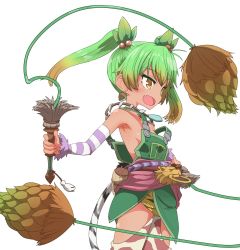 Rule 34 | 1girl, :d, armpits, bare shoulders, breasts, brown eyes, brown hair, commentary request, copyright request, cowboy shot, detached sleeves, dual wielding, earrings, fang, from side, gradient hair, green hair, highres, holding, holding weapon, holding whip, jewelry, multicolored hair, necklace, no bra, open mouth, overalls, simple background, small breasts, smile, solo, standing, striped, striped sleeves, striped tail, sumiyao (amam), tail, tooth necklace, weapon, whip, white background, ys