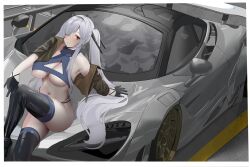 Rule 34 | 1girl, absurdres, black thighhighs, breasts, car, cinderella (nikke), cleavage, cleavage cutout, closed mouth, clothing cutout, cropped jacket, goddess of victory: nikke, highres, knee up, large breasts, light blush, long hair, looking at viewer, motor vehicle, navel, phantasmaliagon, race queen, red eyes, sitting, solo, sports car, thighhighs, twintails, underboob, very long hair, white hair