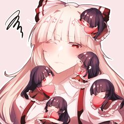 Rule 34 | 6+girls, absurdres, black hair, blunt bangs, bow, brown skirt, chibi, clone, closed eyes, closed mouth, collared shirt, commentary request, dress, frilled skirt, frills, fujiwara no mokou, hair bow, highres, hime cut, houraisan kaguya, long hair, long skirt, long sleeves, multiple girls, one eye closed, open mouth, pink background, pink shirt, red eyes, shirt, sidelocks, simple background, skirt, sleeve garter, sleeves past wrists, smile, somei ooo, suspenders, touhou, very long hair, white bow, white hair, white shirt, wide sleeves