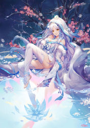 Rule 34 | 1girl, anklet, arm at side, artist name, ass, atdan, barefoot, barefoot sandals (jewelry), blue flower, blue hair, blue ribbon, breasts, cleavage, feet, flower, full body, fur trim, gradient hair, hair ornament, hand in own hair, highres, ice, in tree, japanese clothes, jewelry, kimono, knee up, leaning back, leg up, long hair, long sleeves, looking at viewer, medium breasts, miracle nikki, multicolored hair, necklace, obi, object on head, off shoulder, parted bangs, parted lips, petals, pink flower, plantar flexion, pom pom (clothes), purple hair, ribbon, ripples, sash, sitting, smile, snow, snow rabbit, snowflake hair ornament, snowflakes, snowing, soaking feet, solo, tassel, toe ring, toeless legwear, toes, tree, veil, very long hair, water, white hair, white kimono, white legwear, wide sleeves, yellow eyes, yukihime (miracle nikki)