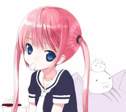 Rule 34 | 1girl, :3, blue eyes, kiira, long hair, lowres, mouth hold, original, pink hair, solo, twintails