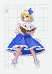 Rule 34 | 1girl, absurdres, alice margatroid, alice margatroid (pc-98), blonde hair, blue hairband, blue skirt, blush, book, bow, dress, frilled skirt, frills, grid, grid background, grimoire, grimoire of alice, guumin, hair bow, hair ribbon, hairband, highres, mystic square, ribbon, shirt, short hair, short sleeves, skirt, solo, suspenders, touhou, touhou (pc-98), warped, yellow eyes