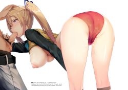 Rule 34 | 10s, 1girl, ass, bent over, blonde hair, blouse, breasts, buruma, english text, engrish text, fellatio, from side, hand on another&#039;s head, hanging breasts, hetero, hews, highres, huge breasts, kawakami mai, large breasts, long hair, male pubic hair, mole, mole under eye, musaigen no phantom world, nipples, oral, penis, pubic hair, purple eyes, pussy juice, ranguage, shirt, side ponytail, simple background, solo, standing, uncensored, white background