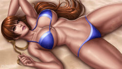Rule 34 | 1girl, arm up, armpits, bare legs, bare shoulders, bikini, blue bikini, breasts, brown eyes, brown hair, clenched hand, collarbone, commission, dead or alive, female focus, flowerxl, from above, hand up, kasumi (doa), large breasts, legs, lips, lipstick, long hair, looking at viewer, lying, makeup, navel, neck, on back, parted lips, pink lips, pinup (style), red lips, serious, solo, swimsuit, tecmo, underboob