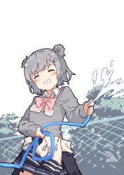 Rule 34 | 1girl, ^ ^, black skirt, blush, bow, cevio, chain-link fence, closed eyes, clothes around waist, collared shirt, double bun, facing viewer, fence, flower, grey hair, grey sweater, grin, hair bun, hair flower, hair ornament, hairclip, highres, holding, hose, koharu rikka, long sleeves, normaland, pink bow, pleated skirt, shirt, short hair, skirt, sleeves past wrists, smile, solo, splashing, sweater, synthesizer v, white background, white flower, white shirt
