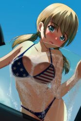 Rule 34 | 1girl, absurdres, against glass, american flag, american flag bikini, american flag print, bikini, blonde hair, blue bikini, blue eyes, blue sky, blush, breast press, breasts, breasts on glass, collarbone, dated commentary, flag print, highres, long hair, looking at viewer, matsunaga kouyou, medium breasts, navel, open mouth, original, print bikini, sidelocks, sky, smile, soap bubbles, solo, swimsuit, twintails, washing vehicle