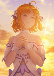 Rule 34 | 1girl, antenna hair, bad id, bad pixiv id, bare shoulders, blush, cloud, detached sleeves, earrings, highres, jewelry, looking to the side, love live!, love live! school idol festival, love live! sunshine!!, medium hair, orange hair, outdoors, own hands together, papi (papiron100), red eyes, see-through, short sleeves, sky, smile, solo, sun, sunlight, sunset, takami chika, two-tone dress, upper body, wrist cuffs