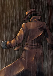 Rule 34 | 1boy, belt, brown coat, clenched hand, coat, fedora, from behind, gloves, glowing, glowing eyes, grey gloves, hat, highres, long coat, looking back, male focus, mask, popped collar, q (street fighter), rain, solo, street fighter, street fighter iii (series), trench coat, valtor, yellow eyes