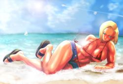 Rule 34 | 1boy, 1girl, android, android 18, annoyed, artist request, bare legs, beach, bikini, bikini under clothes, blonde hair, blue eyes, blush, breasts, cleavage, cloud, curvy, cutoffs, denim, denim shorts, dragon ball, dragonball z, earrings, embarrassed, flip-flops, floating, flying nimbus, full body, horizon, huge breasts, jewelry, large breasts, legs together, lens flare, looking at viewer, lying, mature female, micro bikini, ocean, on side, open fly, outdoors, panties, partially submerged, red bikini, revealing clothes, ring, sandals, ship, short hair, short shorts, shorts, side-tie bikini bottom, sideboob, sky, son goku, source request, sun, swimsuit, thick thighs, thighs, underboob, underwear, water, watercraft, wedding band