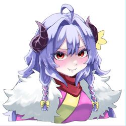 Rule 34 | 1girl, ahoge, black horns, blue hair, blush, breasts, cropped torso, flower, fur-trimmed kimono, fur trim, hair intakes, highres, horn flower, horns, japanese clothes, kimono, kindred (league of legends), lamb (league of legends), league of legends, medium breasts, pout, red eyes, ri ~yoku, simple background, solo, spirit blossom kindred, white background, yellow flower