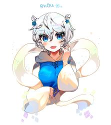 Rule 34 | 1girl, alternate color, animal ears, beryllium (wintermerry), blue eyes, blue nails, blue vest, blush, breasts, character name, cropped torso, fang, flower, hagoromo, hair flower, hair ornament, hand up, hood, looking at viewer, medium breasts, nail polish, open mouth, rainbow gradient, shawl, shirt, slit pupils, smile, snowflake background, solo, tiger, tiger ears, toramaru shou, touhou, upper body, vest, white background, white hair, white shirt, white tiger, wide sleeves