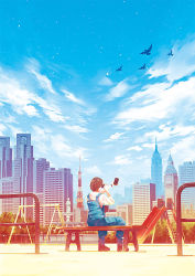 Rule 34 | 1girl, arms up, bench, bird, black hair, blue overalls, blue sky, building, city, clock, cloud, cloudy sky, craft-cs, day, fountain, from behind, holding, long sleeves, original, overalls, playground, shadow, shirt, short hair, sitting, sky, slide, solo, swing set, white shirt, wide shot