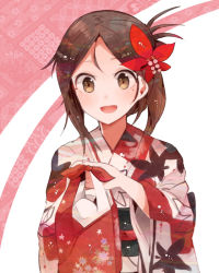 Rule 34 | 10s, 1girl, alternate costume, alternate hairstyle, amagi (kancolle), bag, brown eyes, brown hair, colored eyelashes, flower, folded ponytail, hair between eyes, hair flower, hair ornament, holding, holding bag, itomugi-kun, japanese clothes, kantai collection, leaf print, looking down, mole, mole under eye, obi, open mouth, sash, solo, tongue, upper body, wide sleeves