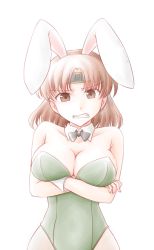 Rule 34 | 1girl, animal ears, armpits, bare legs, bare shoulders, blush, bow, bowtie, breast hold, breast press, breasts, brown eyes, brown hair, chiyoda (kancolle), cleavage, clenched teeth, collarbone, covered navel, detached collar, fake animal ears, green leotard, headband, highres, kantai collection, leotard, looking at viewer, meihemu, one-hour drawing challenge, playboy bunny, rabbit ears, short hair, simple background, solo, strapless, strapless leotard, teeth, upper body, white background, wrist cuffs