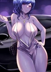 Rule 34 | 1girl, absurdres, azur lane, bag, blue hair, blue nails, bracelet, breasts, car, cleavage, closed mouth, collarbone, cowboy shot, dress, evening gown, gold necklace, hand on own hip, handbag, highres, jewelry, large breasts, lips, looking at viewer, motor vehicle, nail polish, navel, necklace, official alternate costume, pelvic curtain, plunging neckline, queasy s, red eyes, revealing clothes, side ponytail, sidelocks, silver dress, solo, st. louis (azur lane), st. louis (luxurious wheels) (azur lane), swept bangs, thighs, wavy hair