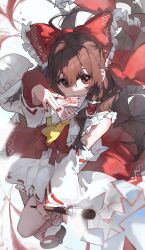 Rule 34 | 1girl, absurdres, ascot, bare shoulders, bow, brown eyes, brown hair, detached sleeves, fingernails, gohei, hair between eyes, hair bow, hair tubes, hakurei reimu, highres, holding, holding gohei, japanese clothes, long hair, nail polish, nontraditional miko, ofuda, red bow, red nails, red skirt, ribbon-trimmed sleeves, ribbon trim, sentter, sidelocks, skirt, socks, solo, touhou, white sleeves, white socks, wide sleeves, yellow ascot