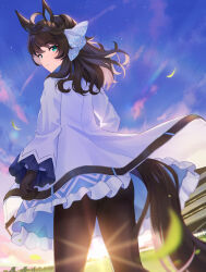 Rule 34 | 1girl, ahoge, animal ears, black hair, black pantyhose, blue eyes, blurry, blurry foreground, blush, commentary request, daring tact (umamusume), gloves, grass, highres, horse ears, horse girl, horse tail, jacket, kashmir 0808, lens flare, looking at viewer, looking back, medium hair, pantyhose, racetrack, shoes, short hair, sky, solo, standing, tail, umamusume